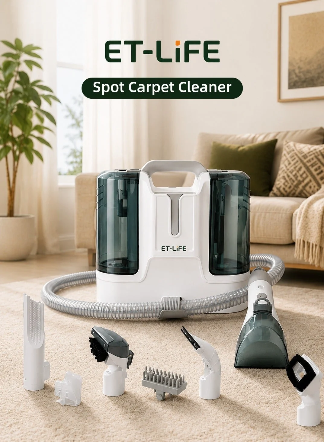 ET-LIFE Portable Spot Cleaner Vacuum for Carpet and Car Interiors (450W, 1.8L/0.6L, White) 65icw