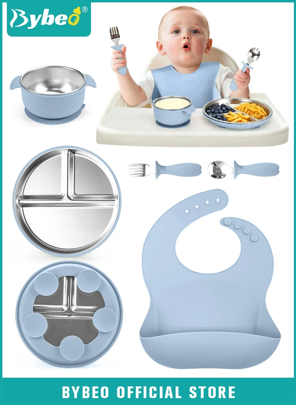 Bybeo Baby Feeding Set (5-Piece) Stainless Steel Suction Plate and Bowl with Silicone Utensils for Infants and Toddlers 1d3cs