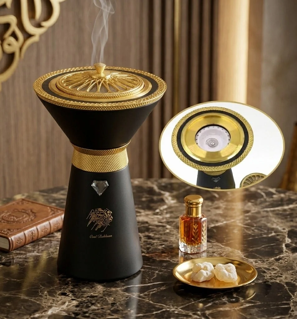 Oud Bakhoan Portable Electric Incense Burner USB Rechargeable Arabic Mabkhara (Black and Gold, 15 cm) ftvl8