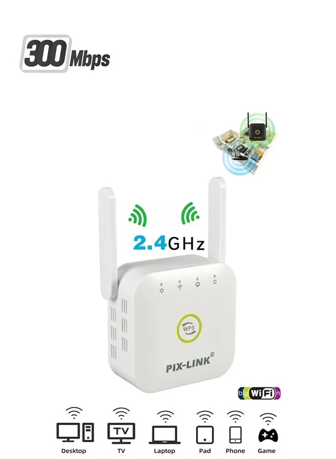 PIXLINK WiFi Range Extender Dual Band 300Mbps Internet Repeater with Ethernet Port for Home Office (White) 700xx
