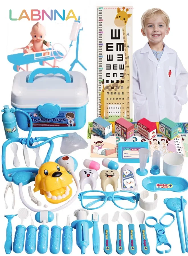 LABNNA Doctor Playset for Kids, 65-Piece Pretend Play Medical Kit with Lab Coat and Carry Case (Blue, 65 Pieces) 03xix
