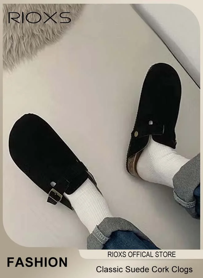 RIOXS Premium Suede Leather Clogs with Arch Support and Adjustable Buckle (Black, Unisex) ocr61
