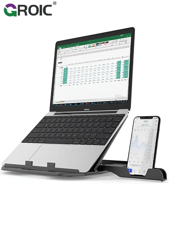 GROIC Adjustable Laptop Stand Ergonomic Cooling Riser with Phone Holder Foldable Portable Aluminum Alloy Support for 9 to 15.6 inch Laptops x8s00