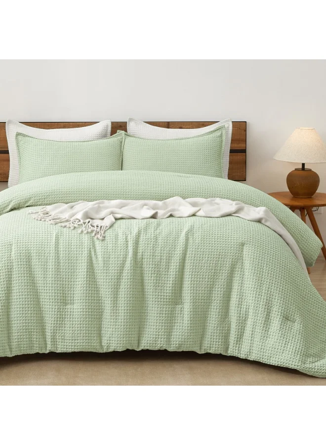PHF Ultra Soft Waffle Weave 3-Piece Comforter Set, Breathable Textured Bedding with 2 Pillow Shams (Sage Green, Queen Size 230cm x 230cm) vlgsv
