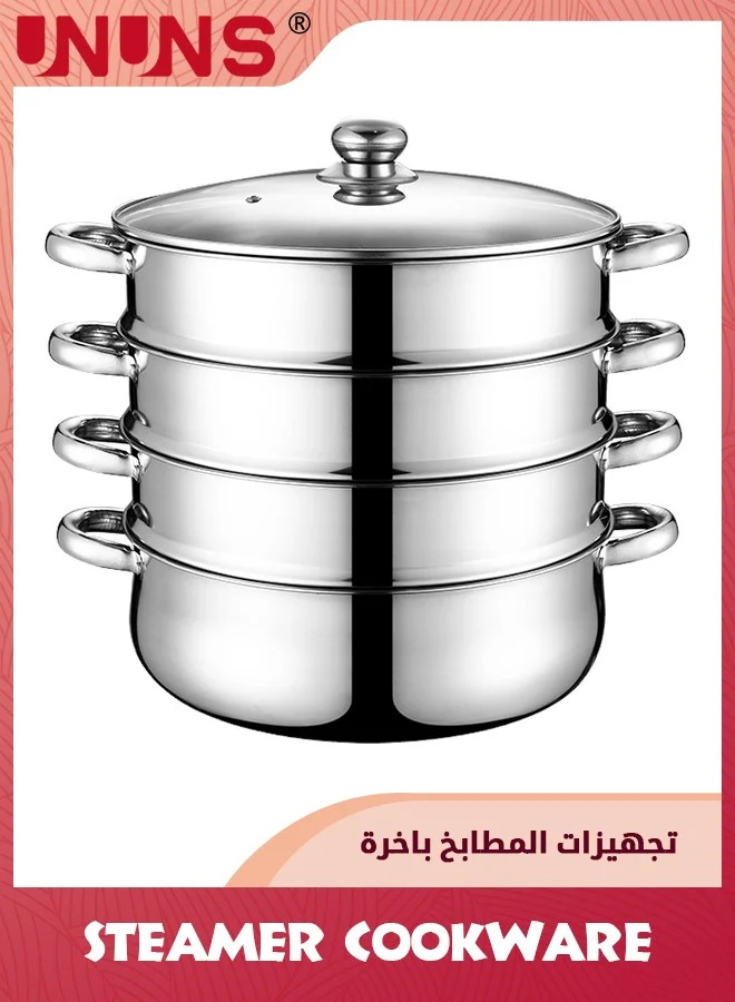 UNUNS 4-Tier Stainless Steel Steamer Pot with Lid and Twin Handles, Multifunction Large Stockpot for Healthy Cooking (28x40cm) nwnch