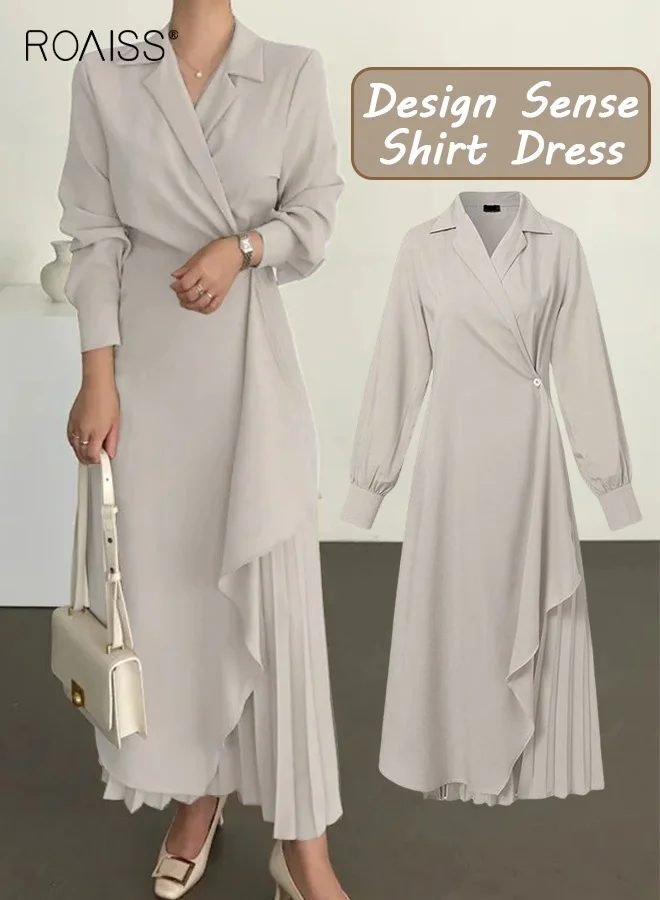 Roaiss Elegant V-Neck Asymmetrical Pleated Tunic Dress Premium Long Suit Dress for Women (Beige, One Size) rw13z