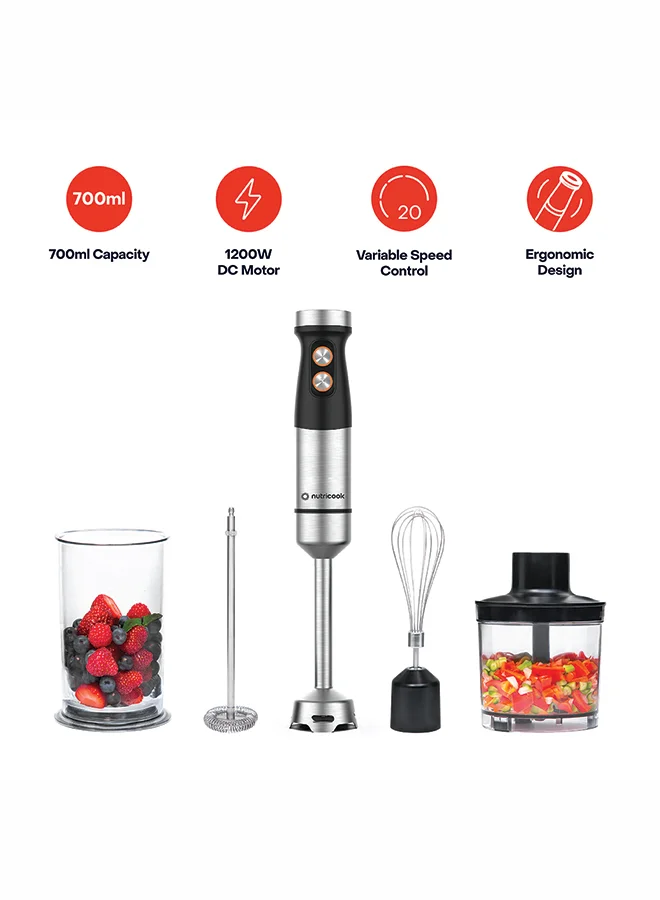 Nutricook 4-in-1 Hand Blender Set 1200W High-Power Immersion Mixer with 20 Variable Speeds and Stainless Steel Blades (Silver, 700mL Beaker) 7qkns