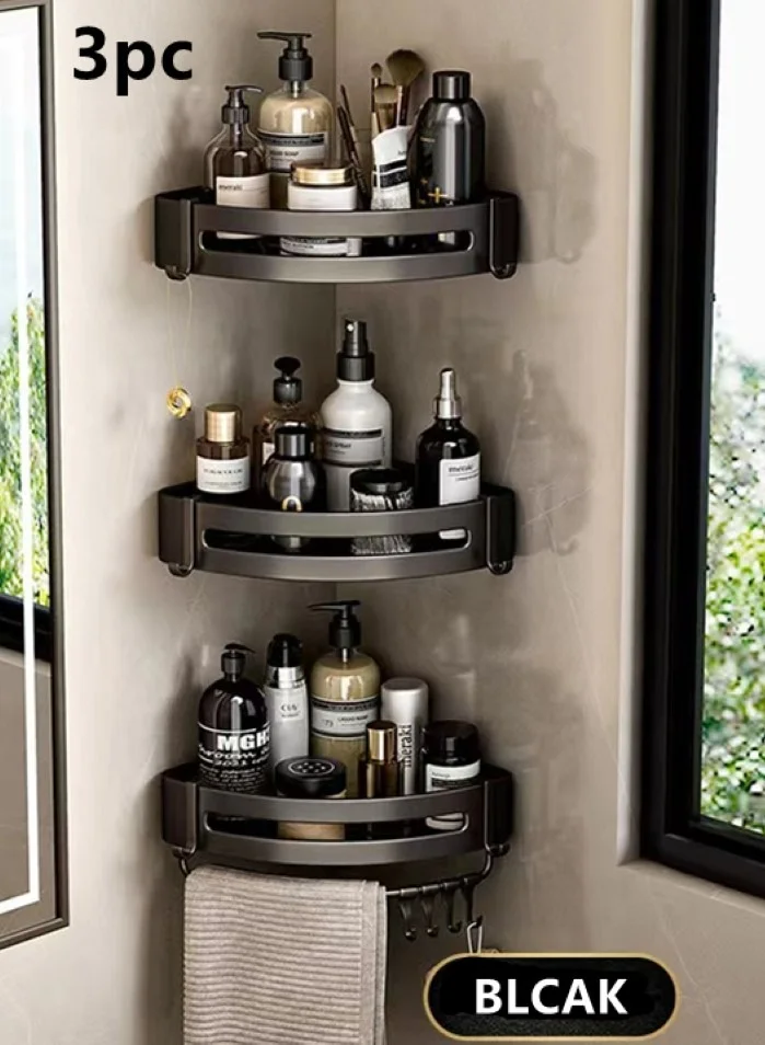 Kutis 3-Piece Bathroom Shower Organizer Set Wall Mounted Storage Rack with Hooks and Towel Bar (Black, 30x22.5x4.5 cm) soham