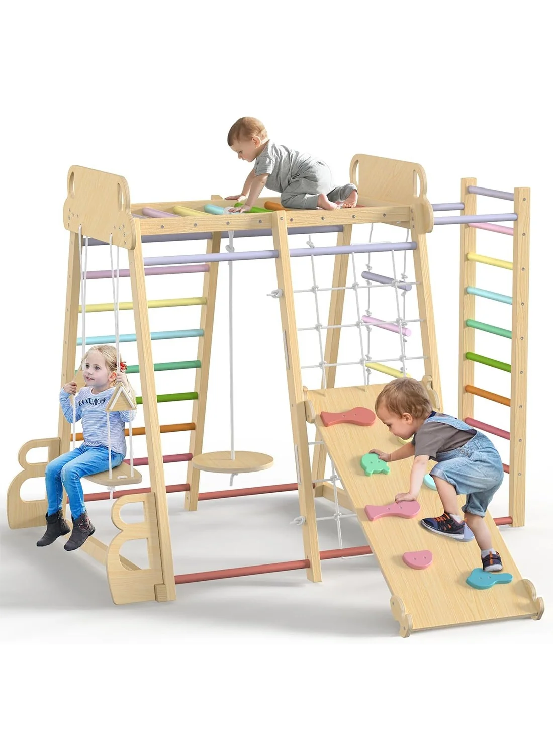 Kidle 9-in-1 Indoor Wooden Jungle Gym Climbing Playset with Slide and Swing (Multicolor, Large) mdvw1