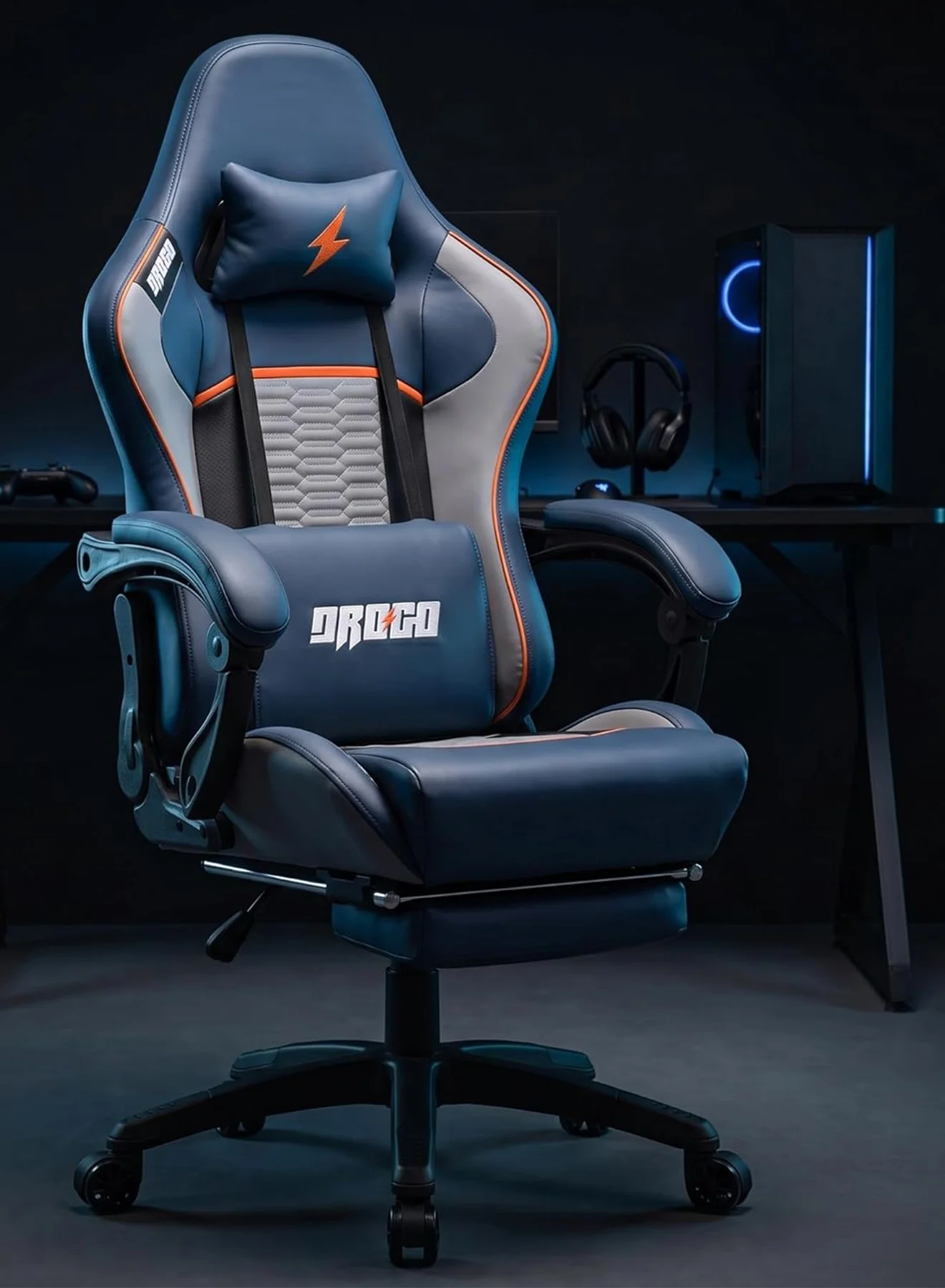 Drogo Ergonomic Gaming Chair with USB Massager Lumbar Support and Footrest (Blue, 135 cm) 4xc9j