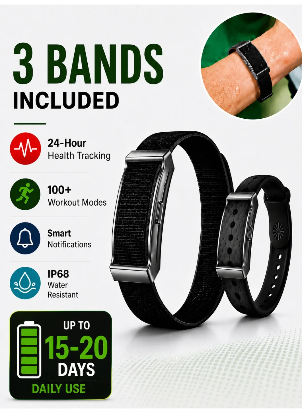 RUKYU Fitness Tracker Smart Bracelet with 3 Replaceable Straps, IP68 Waterproof Activity Monitor for Men & Women (Black, One Size) zexv2