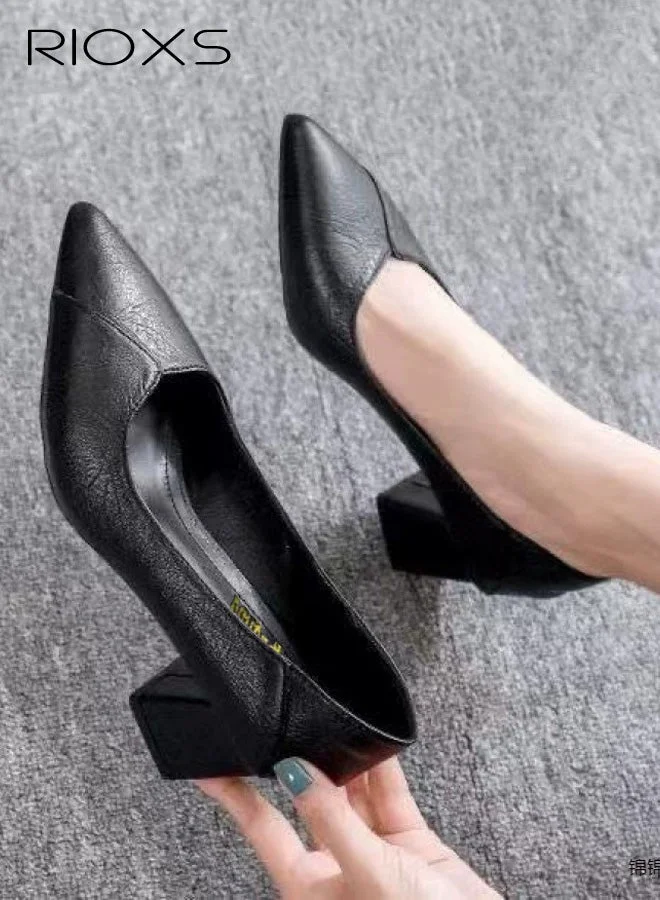 RIOXS Women's Pointed Toe Heeled Pumps, Premium Soft PU Leather Low Chunky Block Heel Dress Shoes (Black, 5cm) 9gzsu