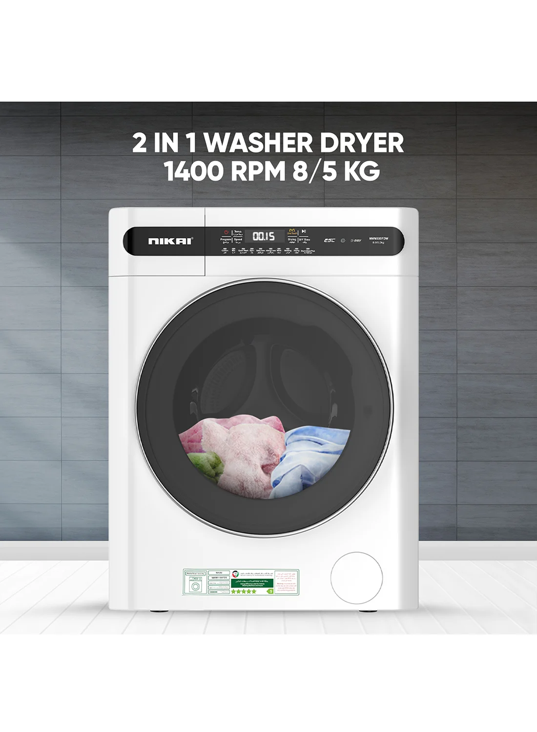 Nikai Premium Fully Automatic Washer Dryer Combo (8kg Wash, 5kg Dry, 18 Programs, White) nha62
