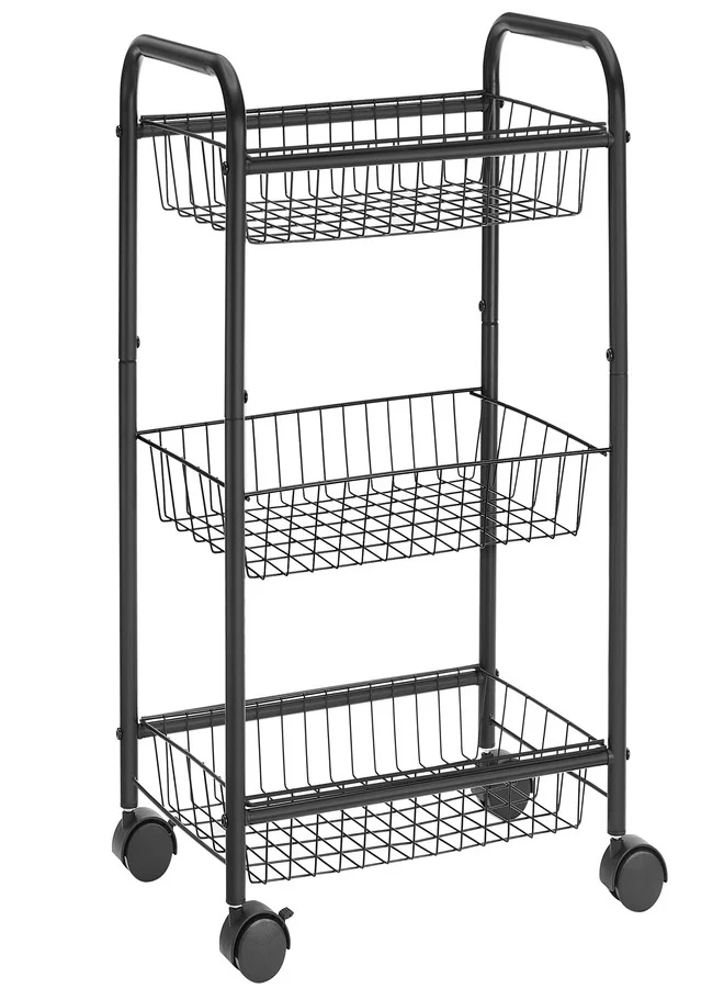 Premium 3-Tier Metal Rolling Utility Cart with Lockable Wheels and Storage Baskets (Black, 86 cm x 43 cm x 35 cm) jdfzf