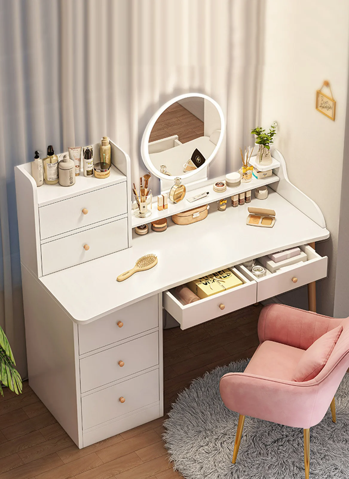 Sharpdo LED Vanity Table with Mirror, Modern Minimalist Bedroom Dressing Table with 7 Drawers and Partition Storage (Without Chair) 42ys9