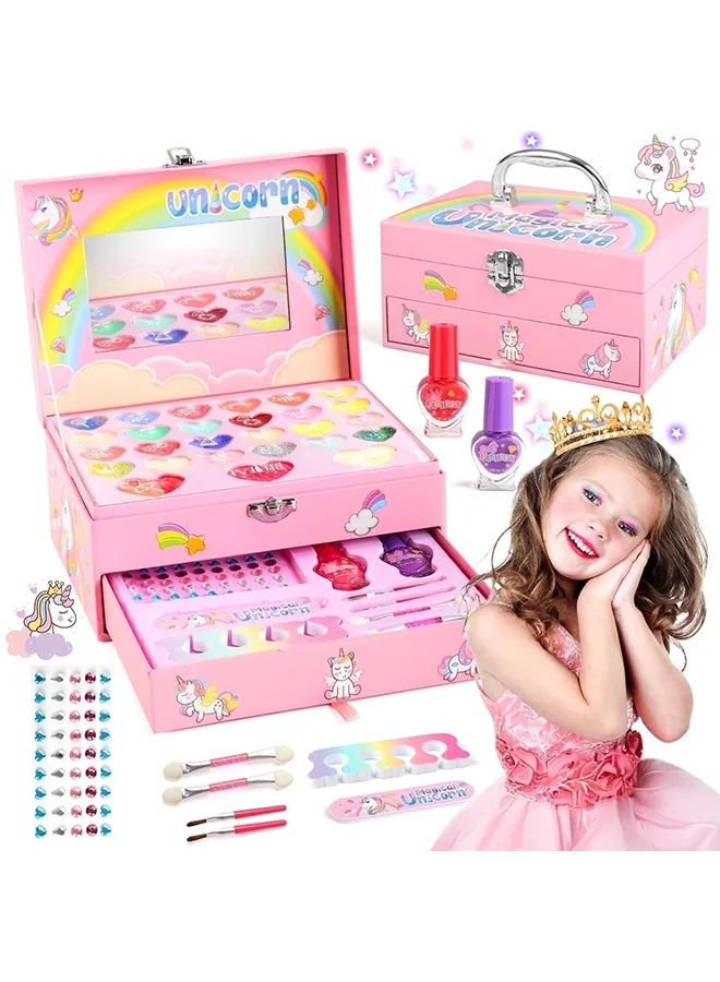 UNICORN Kids Makeup Kit for Girls (36-Piece Set, Pink) Washable Pretend Play Cosmetic Set with Mirror for Princess Dress-Up 12vu1
