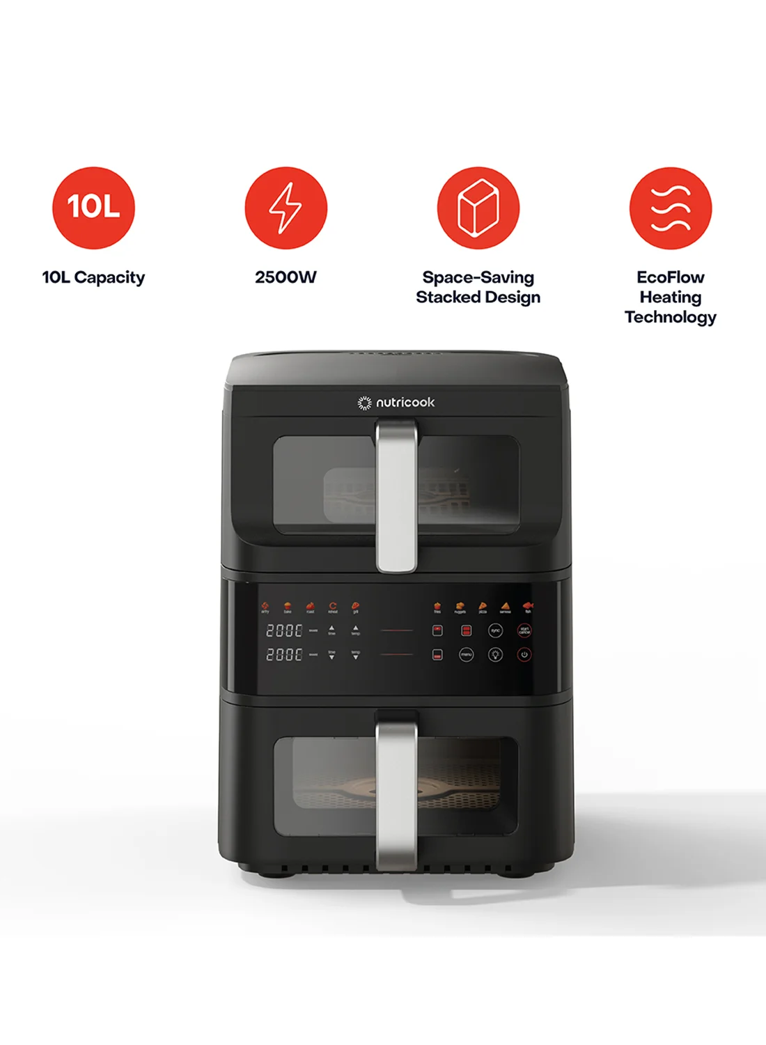 Nutricook DuoStack Air Fryer with Dual Baskets, 10 Cooking Programs, See-Through Window, Space-Saving Design (Black, 10 L) 8f5wf