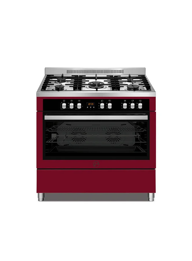 Premium Full Gas Cooker Oven 90x60 cm with 5 Burners and Convection Fans (Cranberry Red, 90x60 cm) blq79