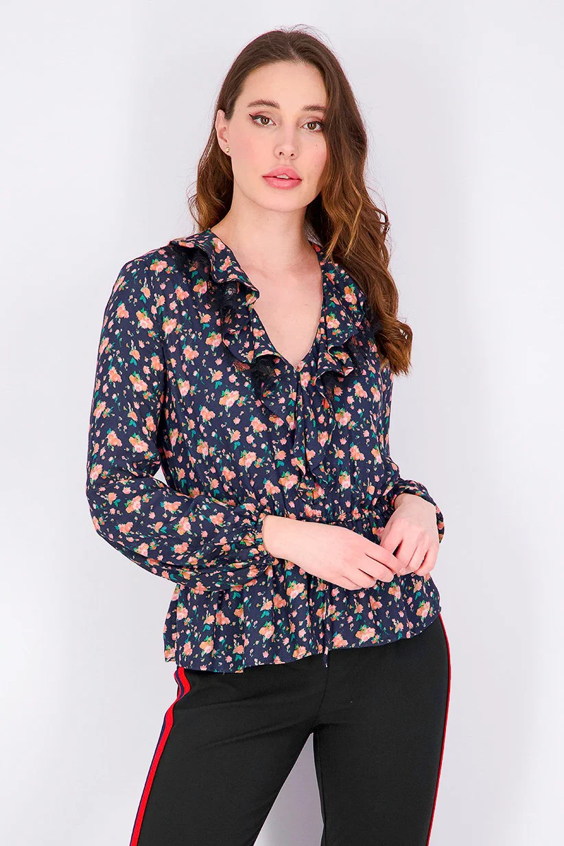MANGO Women Long Sleeve Floral Print Ruffled Top Premium Casual Blouse (Multicolor, Medium) 4os63