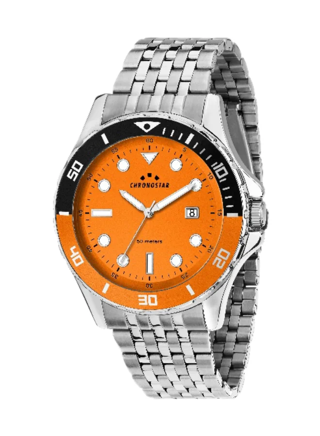 Chronostar Men's Analog Watch with Orange Dial and Silver Stainless Steel Band (43mm) hpxax