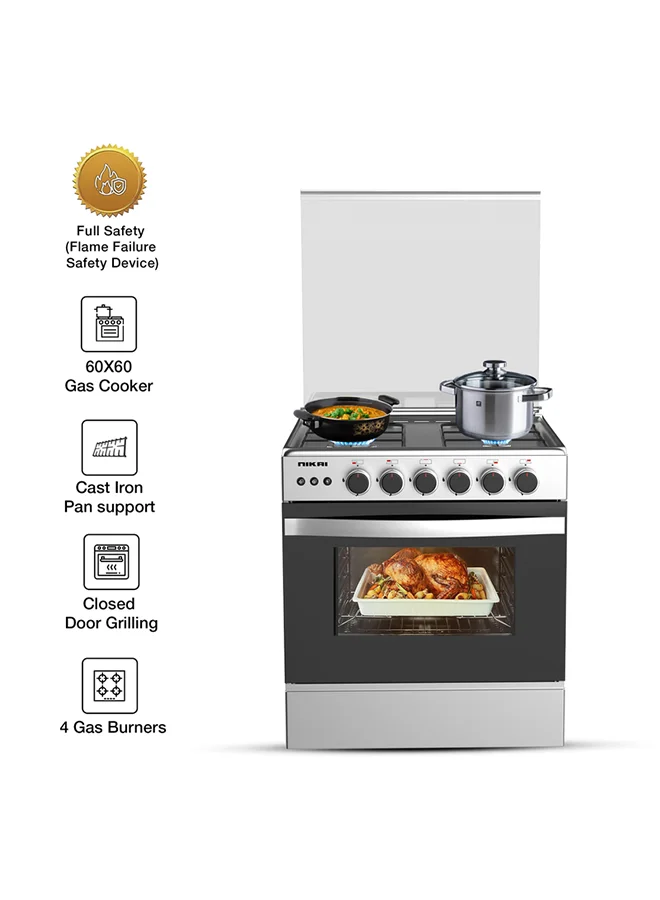 Nikai 4 Burner Freestanding Gas Cooker with Oven, Auto Ignition, Stainless Steel Finish (Silver, 60x60cm) inmcx