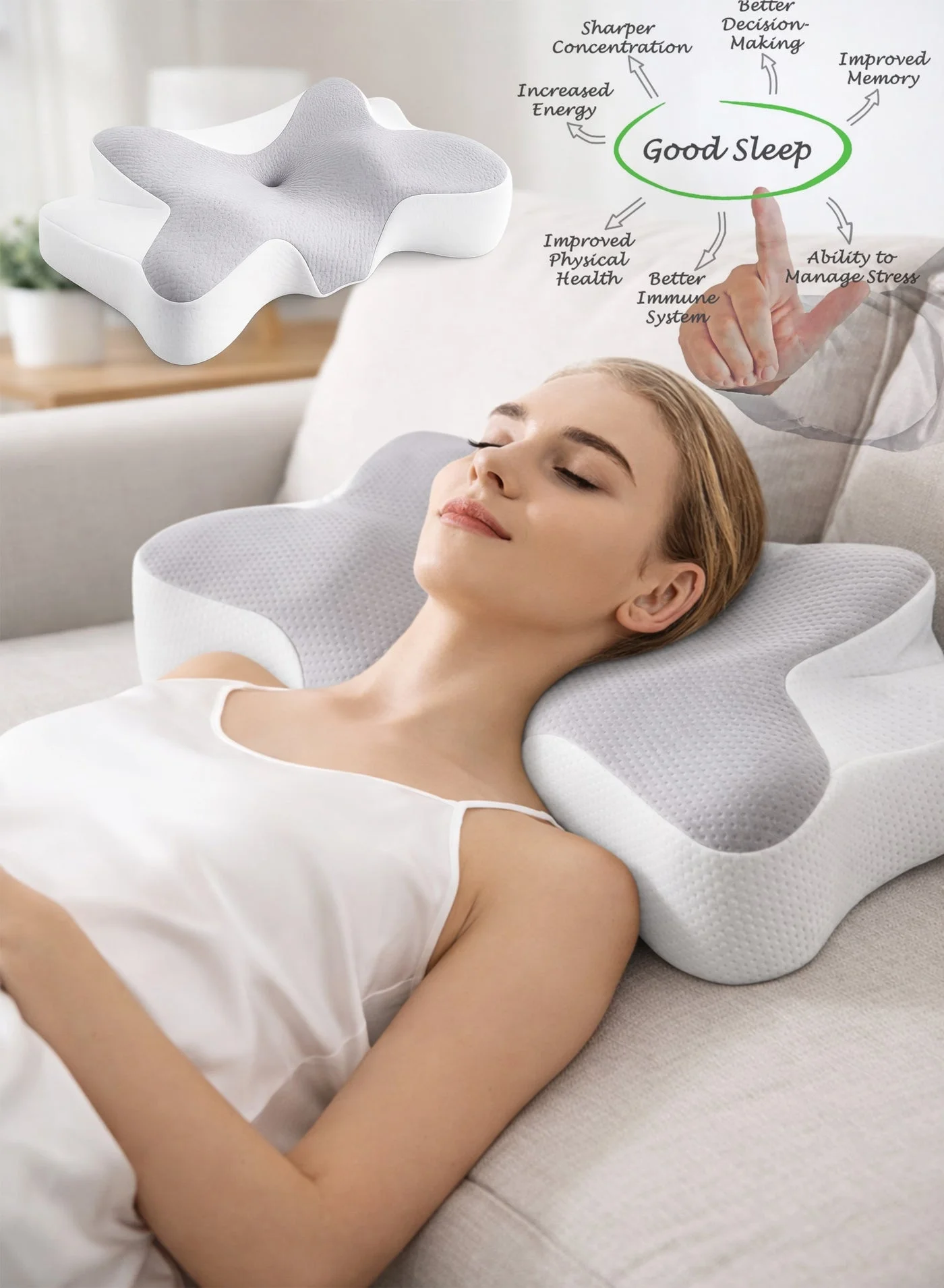 DBLEW Orthopedic Cervical Memory Foam Pillow Ergonomic Butterfly Contour Support for Spine Alignment and Neck Pain Relief (White, 60 x 35 x 12 cm) 5ibdh
