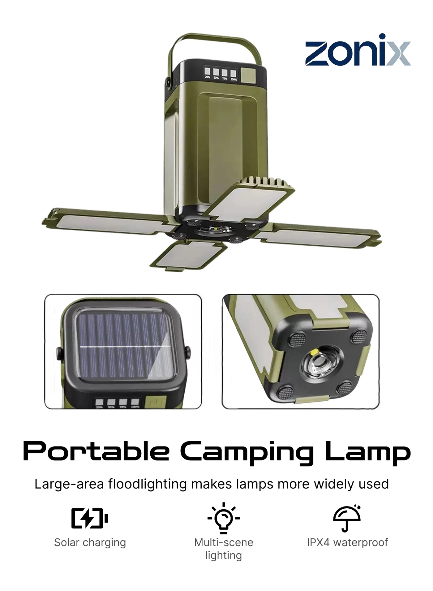ZONIX Portable Camping Lamp Solar Powered LED Lantern with USB Power Bank and SOS Mode (IPX4 Waterproof, 266g) mpxjc