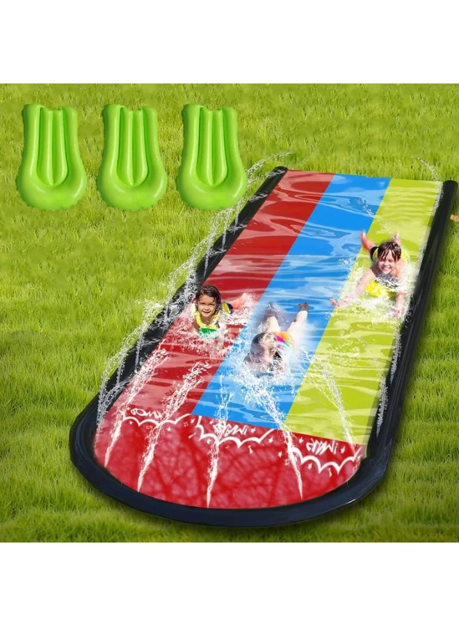 Zarmanuae Triple Lane Lawn Water Slide with 3 Boogie Boards and Double Sprinkler (4.8m Length) eqsbo
