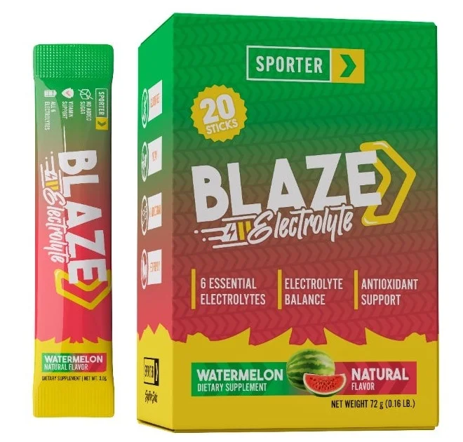 Sporter Blaze Electrolyte Powder Watermelon Flavor (20 Sticks, Sugar Free Hydration Support) gxn67