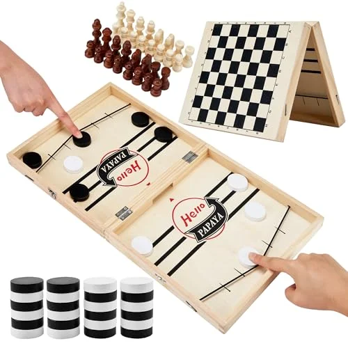 Premium Foldable 4-in-1 Wooden Board Game Set Sling Puck Chess Checkers Tic Tac Toe for Family Game Night (Large) lhtfy