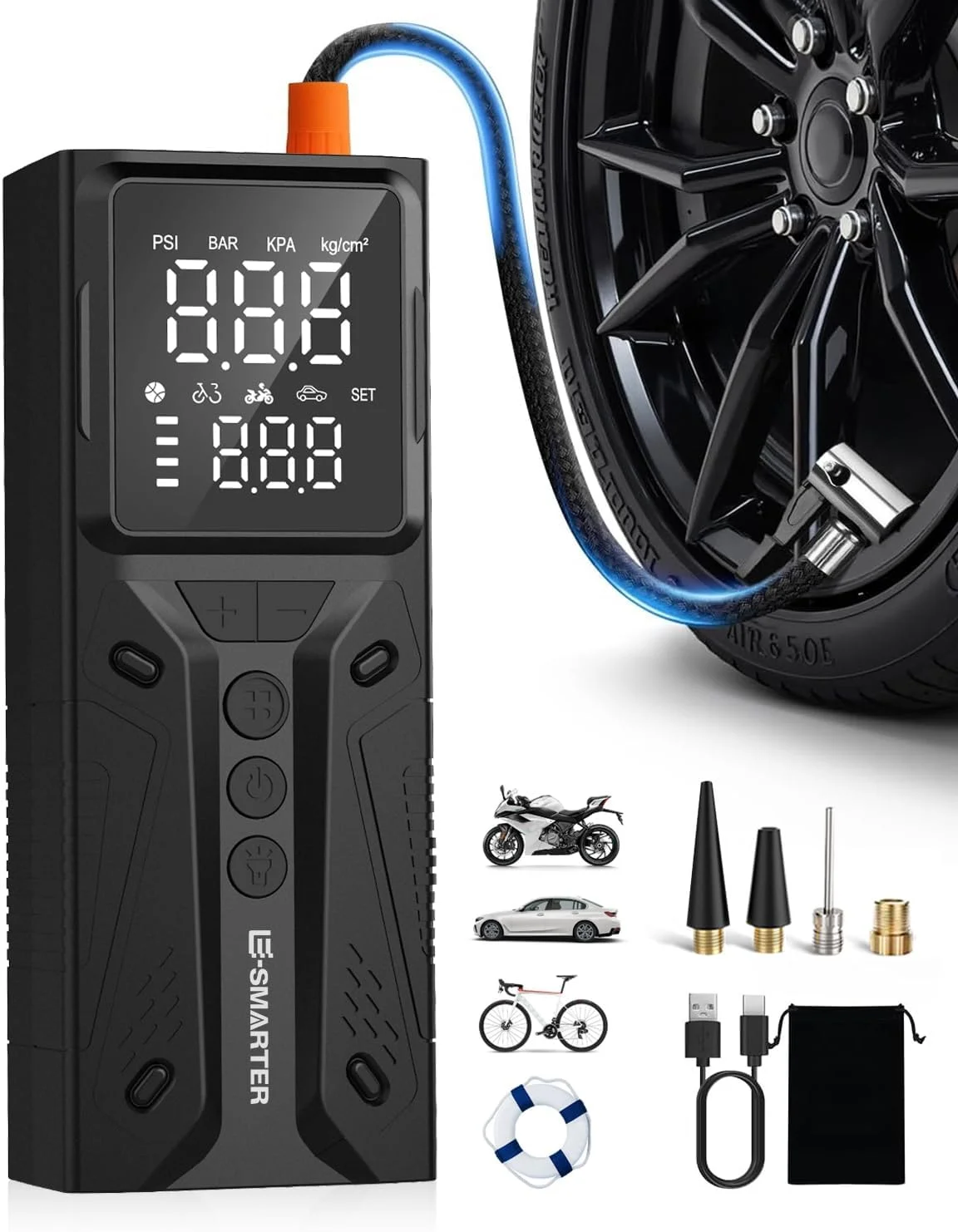 E-SMARTER Portable Tyre Inflator Air Compressor (6000mAh, 150 PSI) Digital LCD Display for Car and Motorcycle j7sbz