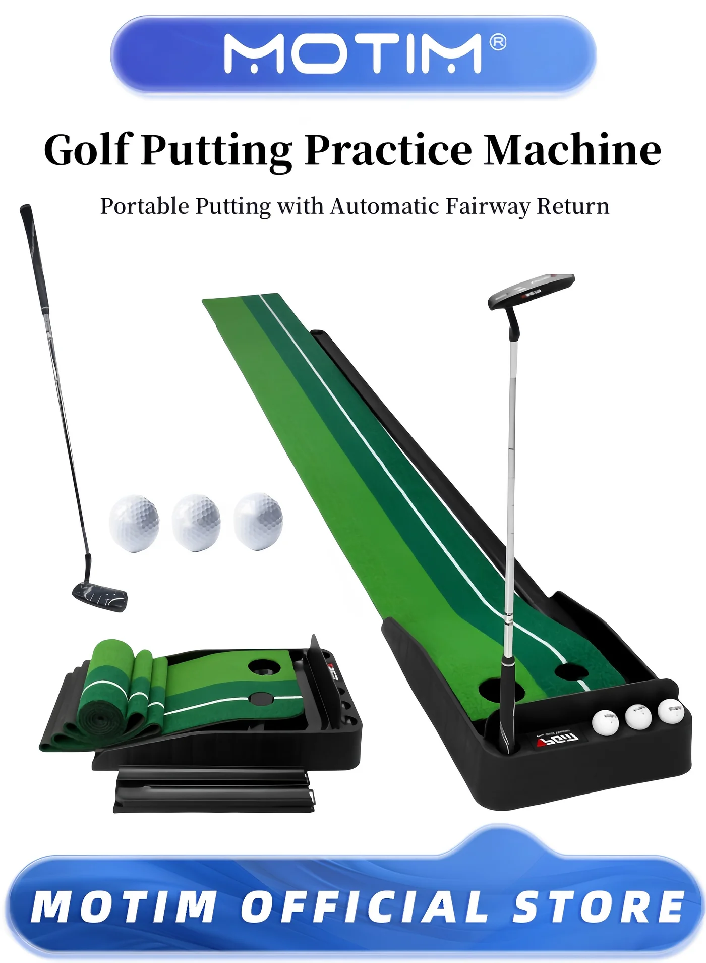Motim Golf Putting Green Mat with Automatic Ball Return System (Green, 300 cm x 30 cm) atyin