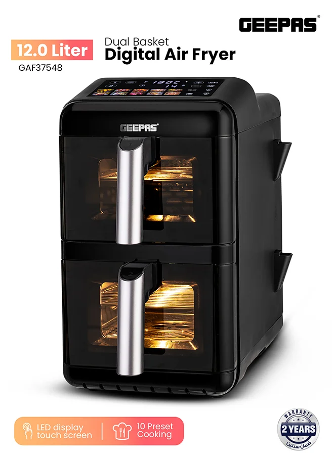 Geepas Dual Basket Digital Air Fryer 2800W 12L Vortex Technology (Black, 12L) 89d3m
