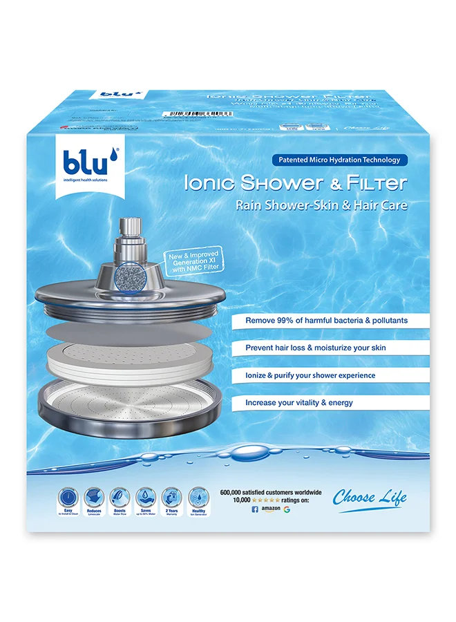 Blu Rain Shower Head with Integrated Filtration System Chrome Plated Premium Bathroom Fixture for Hair and Skin Care (20.2x20.2x11.2cm) bqyt5