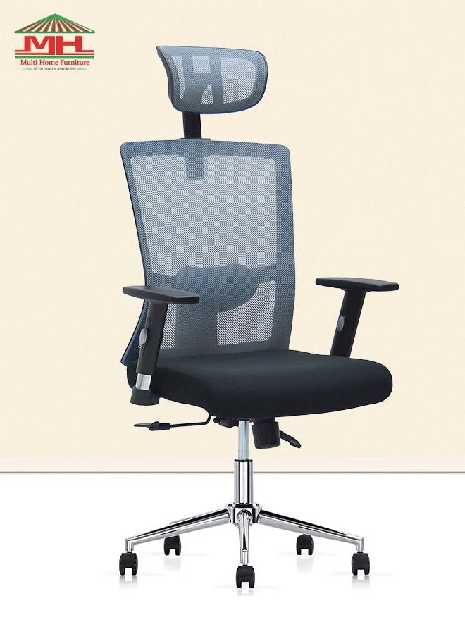 Premium Ergonomic Mesh Office Chair with Headrest and Lumbar Support (Black & Grey, Adjustable Swivel Desk Chair) fwo4m