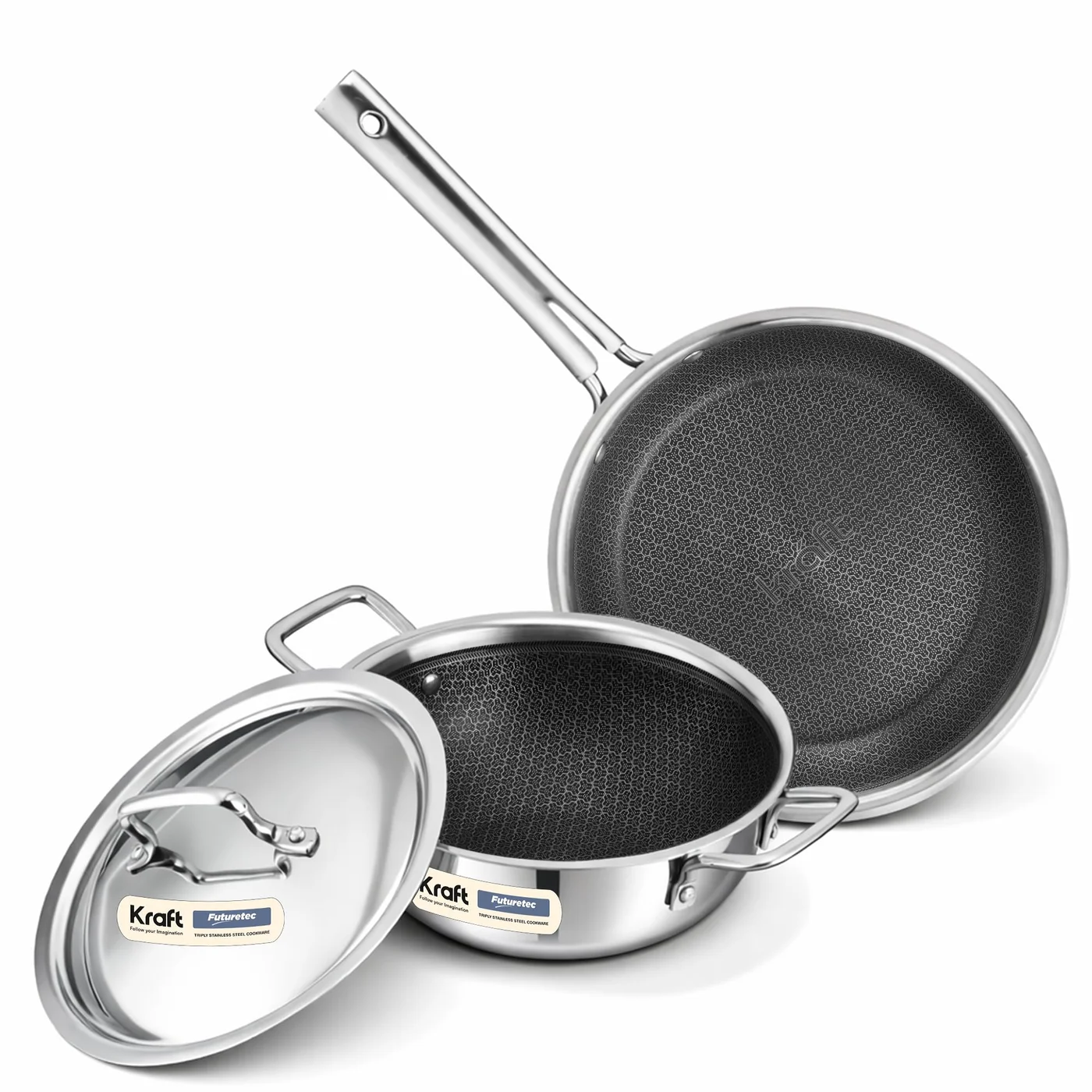 Premium Triply Stainless Steel Cookware Set 3-Piece Induction Compatible Kitchen Combo (2.4L Kadai and 1.6L Frypan) n7xig