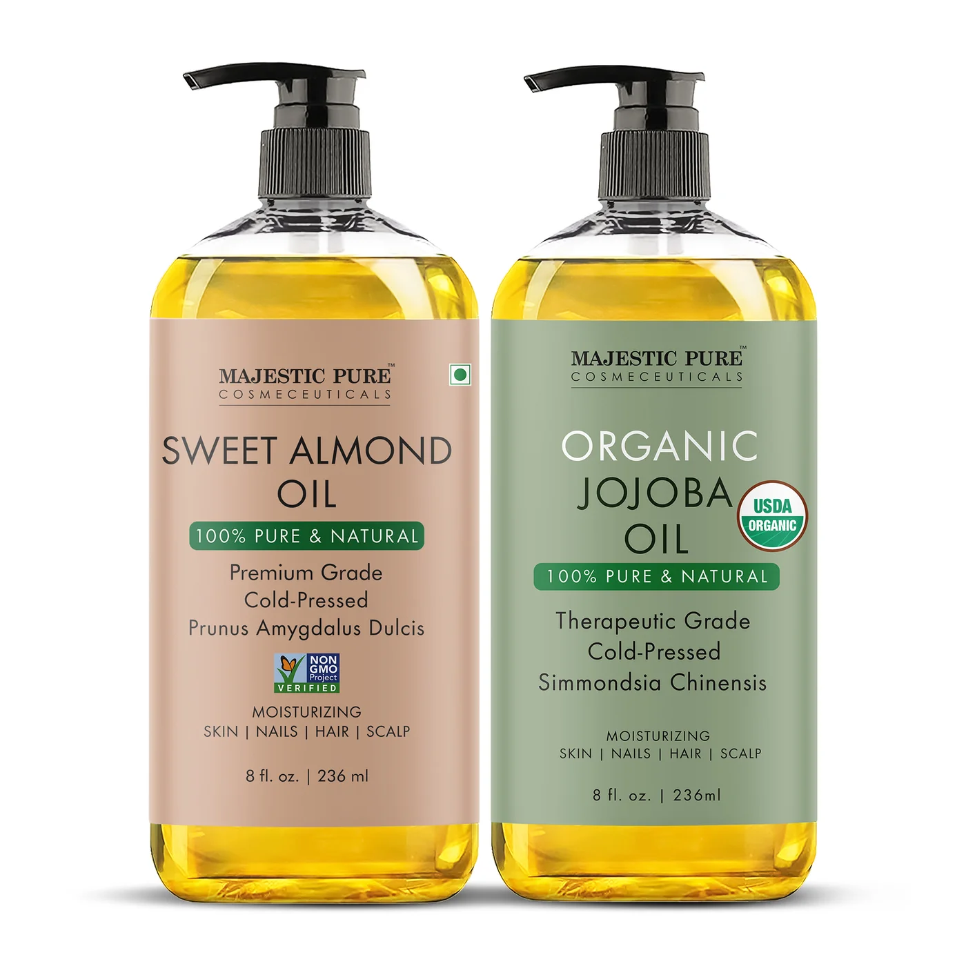 Majestic Pure Organic Almond and Jojoba Oil Set (2 x 118 mL) Premium Cold-Pressed Essential Oils for Face and Hair f73x6