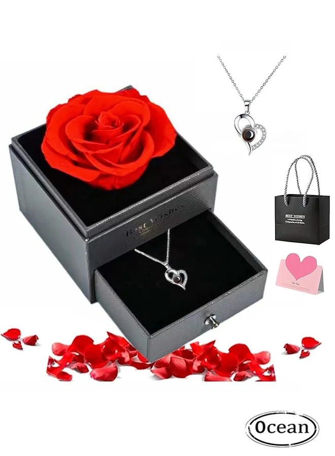 JS Preserved Rose Gift Box with Jewelry Necklace (Red, 1 Set) Premium Eternal Flower for Anniversary Wedding Birthday f0pes
