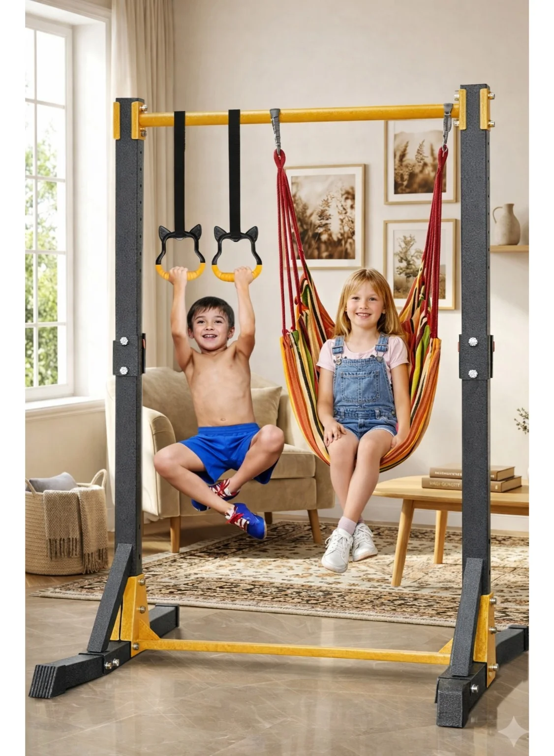 XiuWoo Adjustable Gymnastics Horizontal Bar for Kids Home Training Set with Rings and Swing (Foldable, 150 cm) dskt3