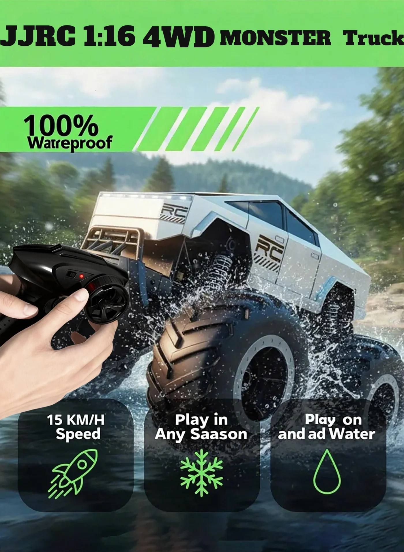 Remote Control Amphibious Monster Truck 4WD All-Terrain Off-Road Vehicle (1:16 Scale, 2.4GHz) 7zu56