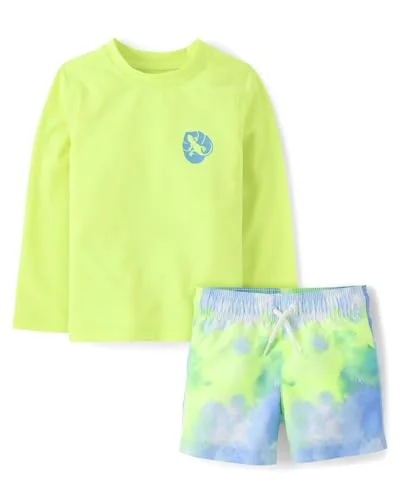The Children's Place Baby Boys Toddler Long Sleeve Rashguard and Swim Trunks 2 Piece Set (Tie Dye Gecko, 18-24 Months) d39nb