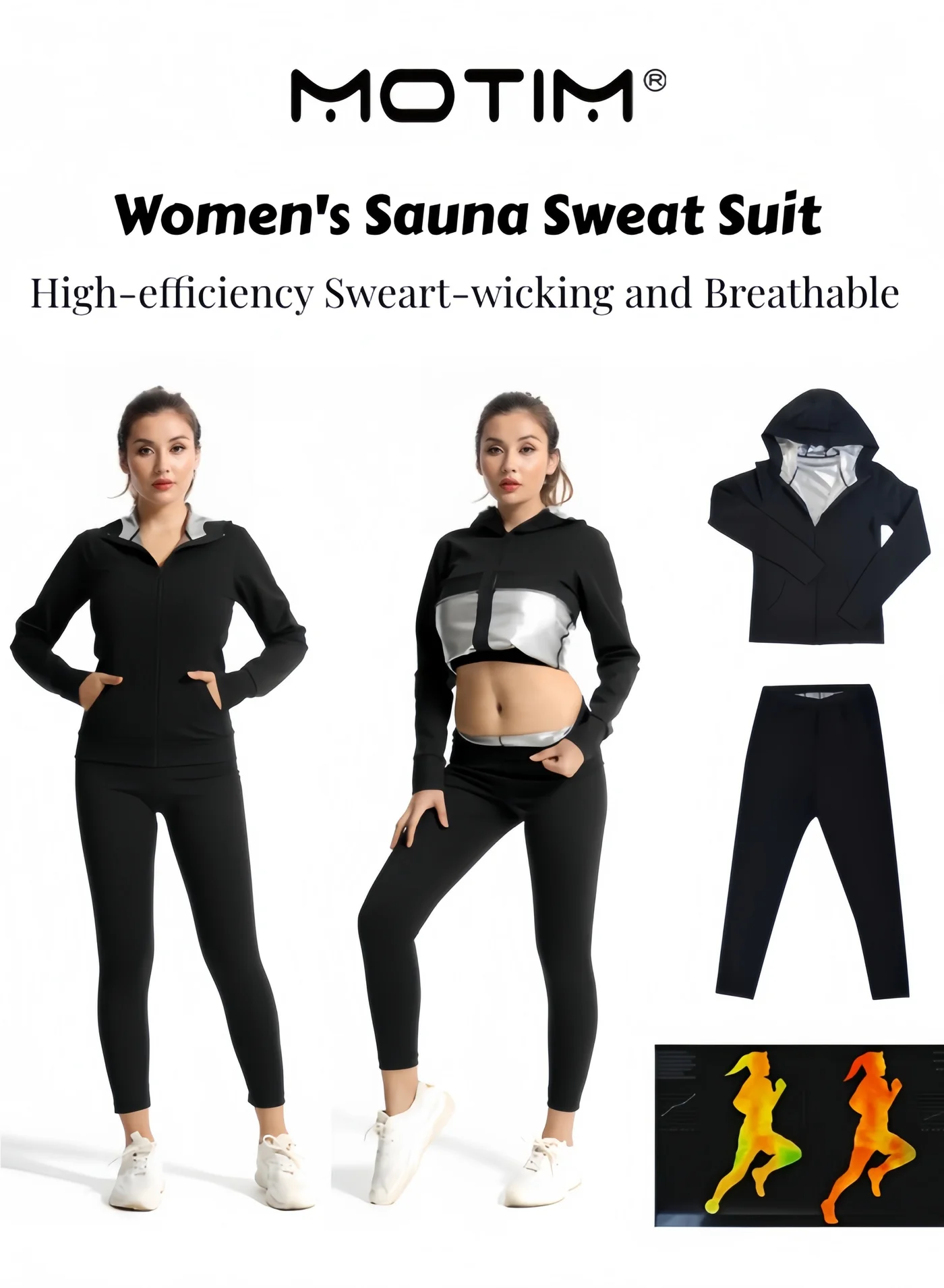 Motim Sauna Sweat Suit for Women Heat Trapping Workout Jacket and Pants (Black, L) 809iw