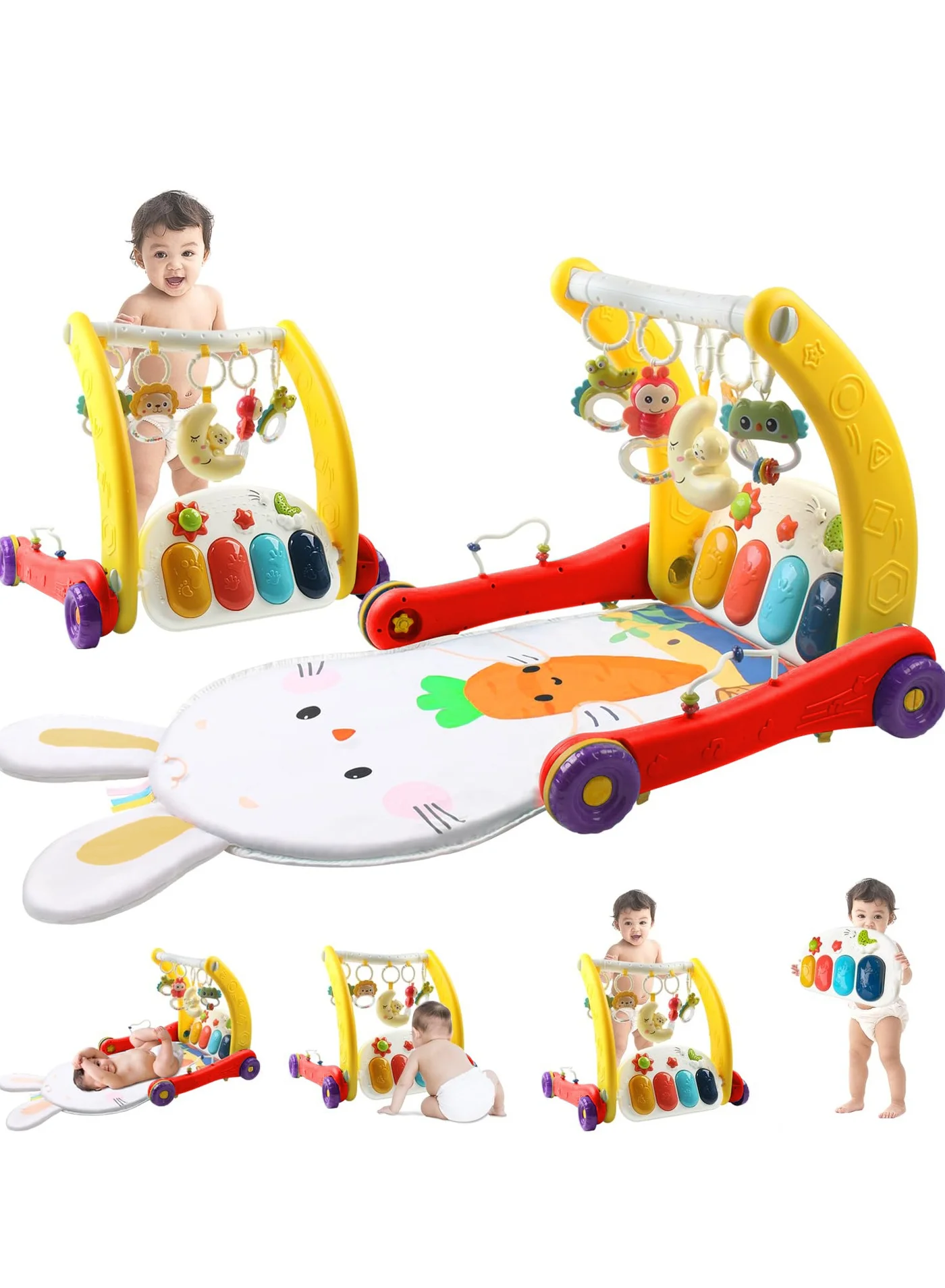 XiuWoo 2-in-1 Baby Activity Gym and Learning Walker with Kick-and-Play Piano and 5 Sensory Chew Toys (Multicolor, 80cm x 60cm) rtmq1
