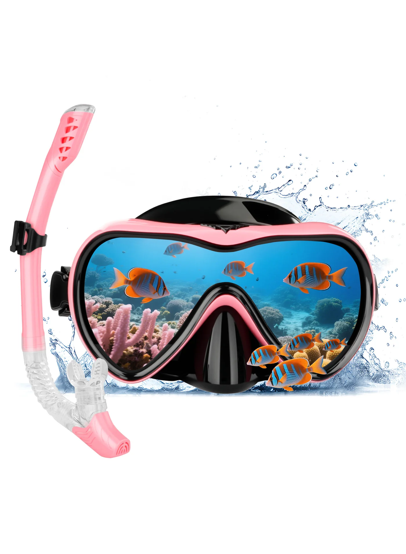 Necomi Snorkeling Gear Set with 180 Degree Tempered Glass Anti-fog Mask and Dry Snorkel (Pink, Adult) f8uad