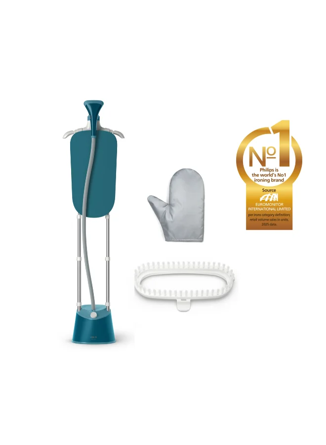 Professional Upright Garment Steamer with Integrated Stylemat, 1800W High-Power Fabric Care, 3 Steam Settings (Blue, 1.8 L) 5mvpj