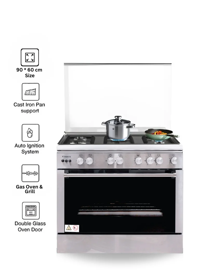 Venus Stainless Steel Cooking Range (90x60 cm) 5 Gas Burners with Triple Ring Burner, Auto-Ignition, Cast Iron Pan Supports, Full Gas Oven & Grill ypk1s