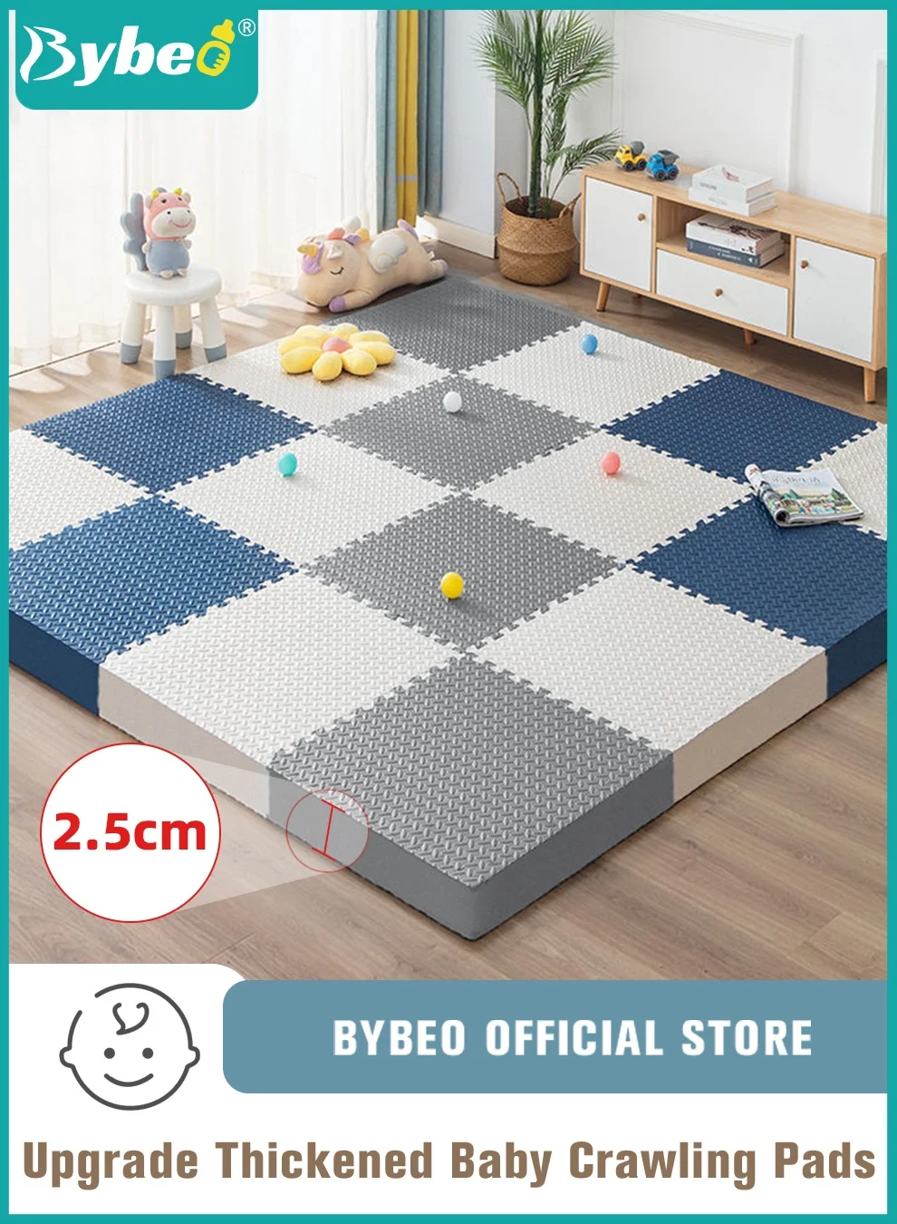 Bybeo Baby Play Mat Set, Thickened EVA Foam Crawling Floor Tiles, Soft Interlocking Tummy Time Mats for Infants and Toddlers (9 Pieces, 60x60cm, 25mm) zv7nc