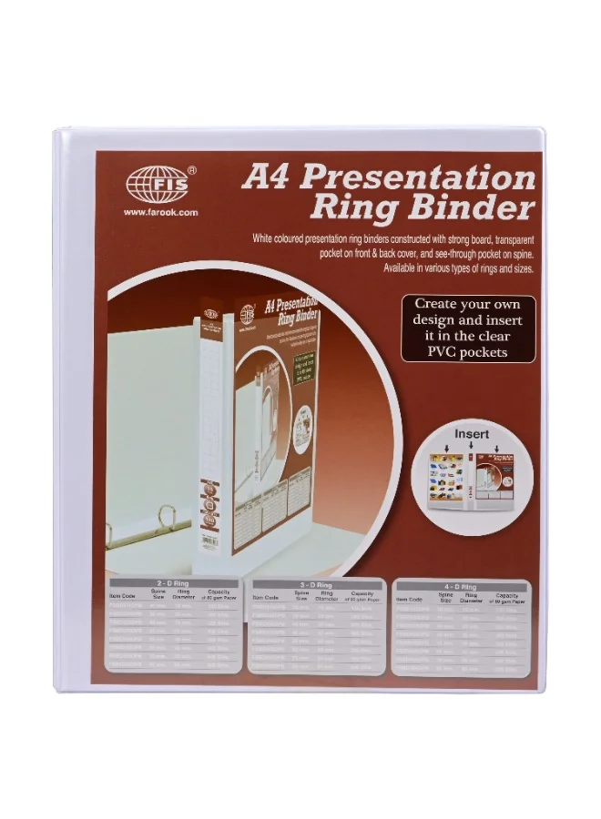 FIS Presentation Binder A4 Document Organizer with 2-D Ring Mechanism and Clear Spine Label Pocket (White, 10 Pieces, 15mm Ring) wp18w