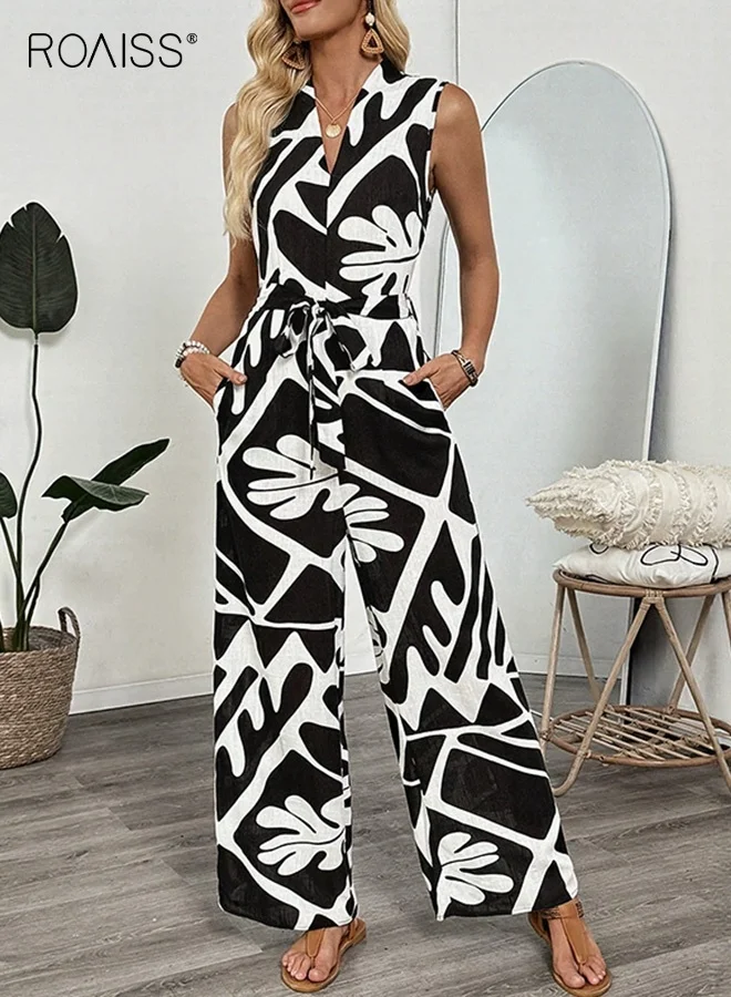 Roaiss Women's Professional Floral Jumpsuit V-Neck Sleeveless Modest Office Wear (White, Medium) uvsyj