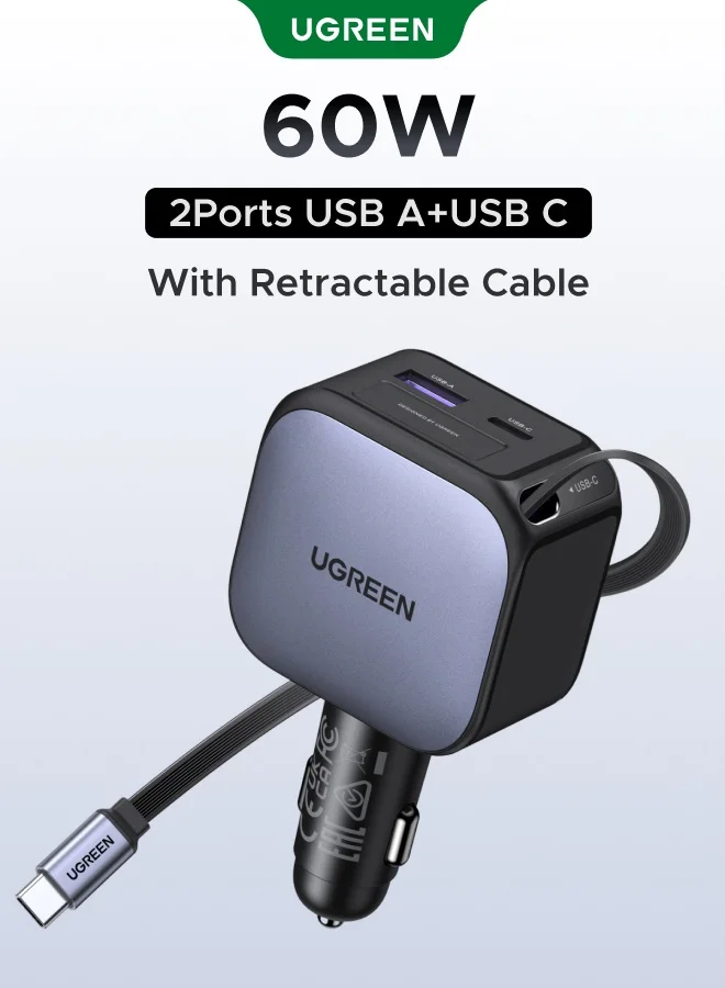 Ugreen Retractable Car Charger 60W Fast Charging Adapter with 0.7m Type-C Cable (2C1A Ports, Black) 0m9ln